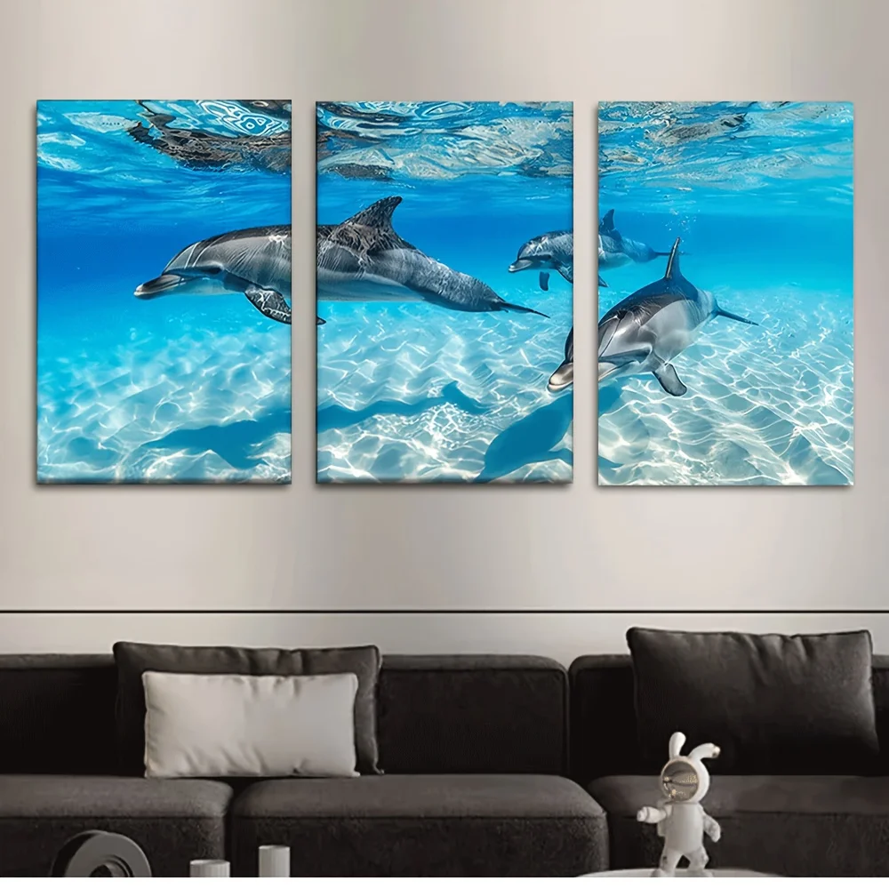 Wall Decor  3pcs Set, Canvas Painting--Unframed, 30.0x20.0inch, Fascinating Dolphin Family in the Ocean, Wall Decoration for