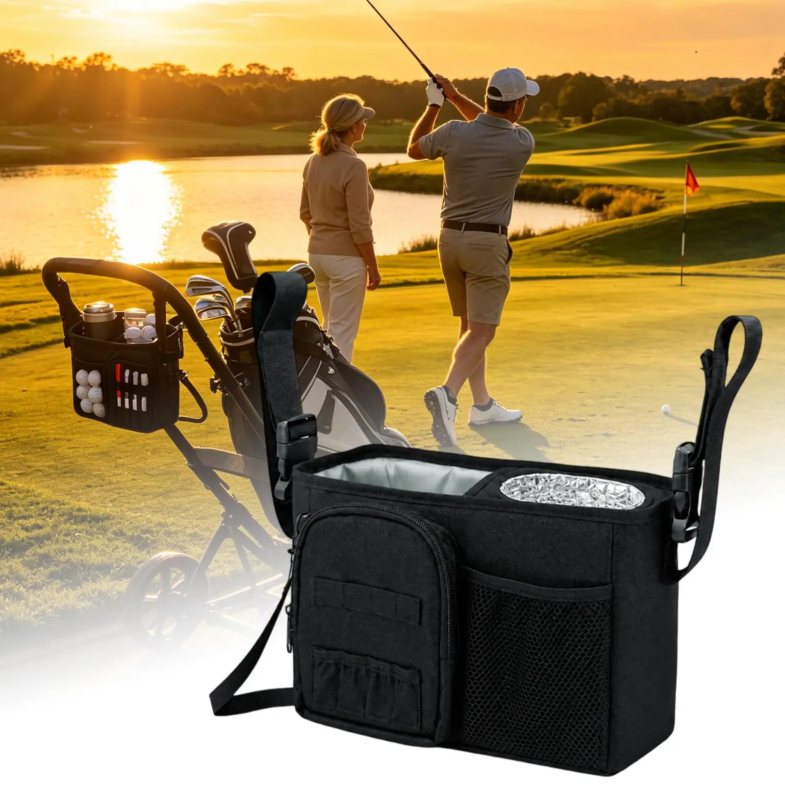 Push Golf Cart Accessories Waterproof Multi-Pocket Holder Cup Organizer Golf Push Cart Accessories With Adjustable Strap For