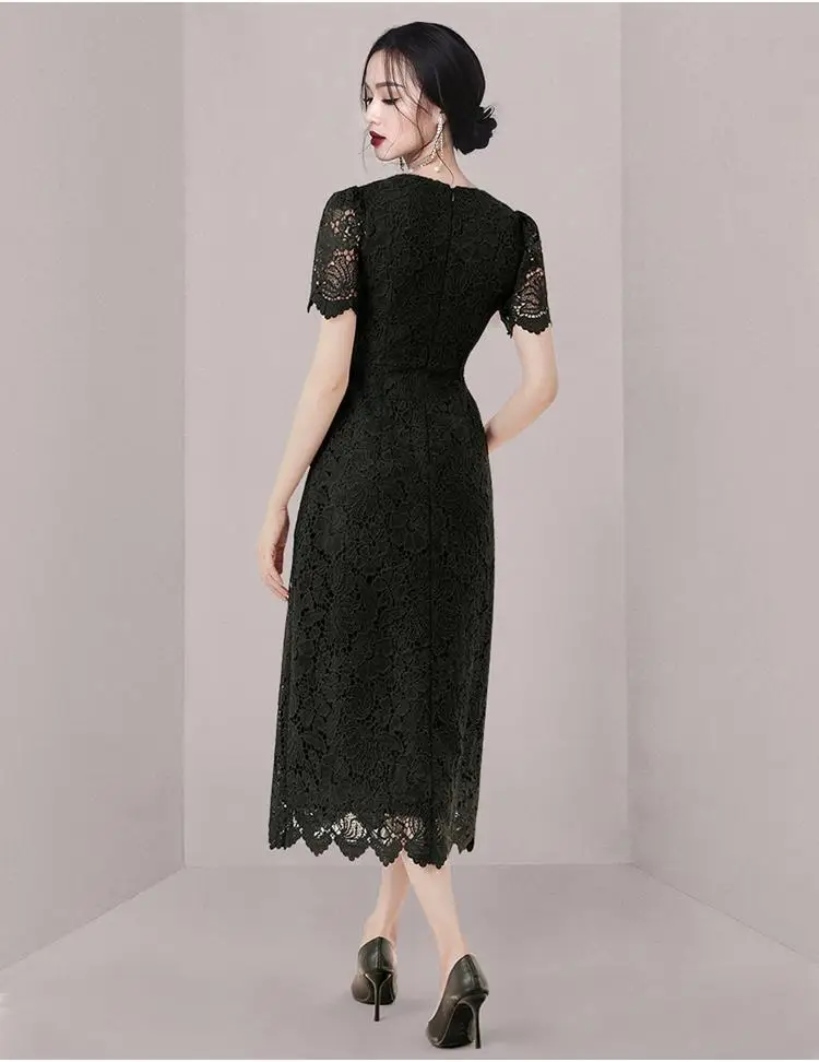 Vestido de encaje negro para mujer, prenda de manga corta con cuello redondo, elegante, ceñido al cuerpo, con retales, ahuecado, para fiesta, novedad de verano 2024