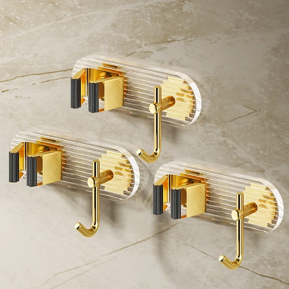 Bathroom Multi-functional Storage Hook Light Luxury Gold Broom Holder Clip Hook Without Punching Mop Broom Fixed Hanger Acrylic