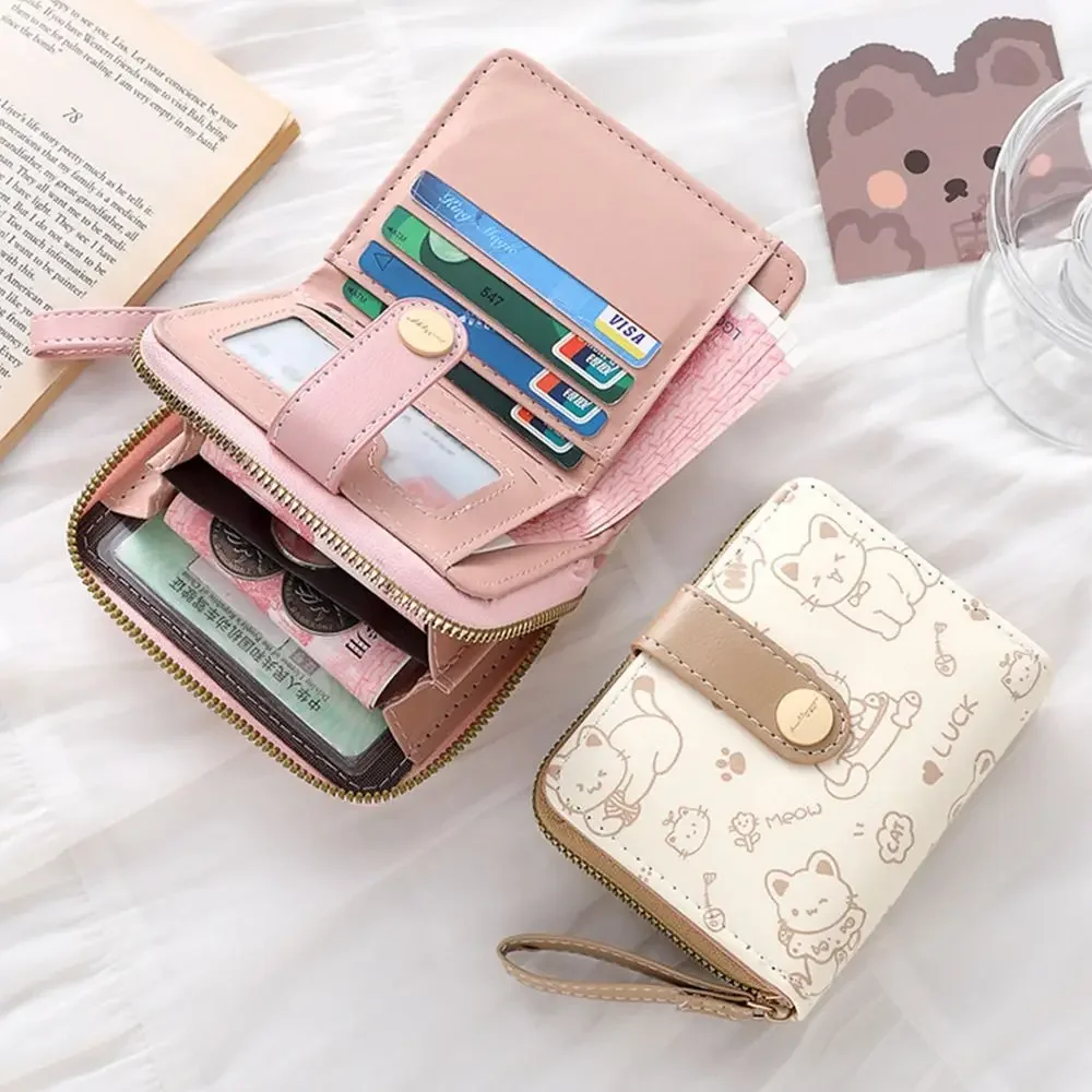 Dompet Koin Kucing Lucu Dompet Pendek Fashion Wanita Dompet Kapasitas Besar Kulit PU Tas Koin Uang Tunai Perjalanan Tempat Kartu ID Ringan