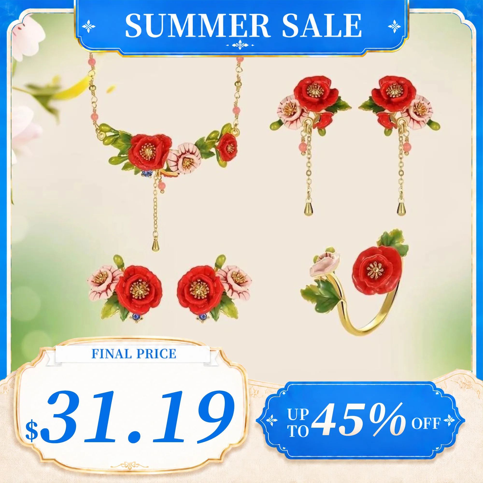 

JUICY GRAPE Red Poppy Flower Jewelry Set Women Handmade Enamel Earring Bracelet Necklace Ring Luxury Wedding Party Fine Jewelry