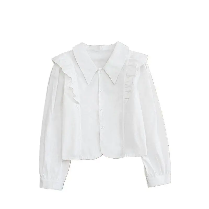 قميص قصير بحافة أوراق اللوتس، متعدد الاستخدامات لمزاج المرأة، مقاس نحيف وتنحيف، أكمام فقاعية، بلوزة حلوة #6