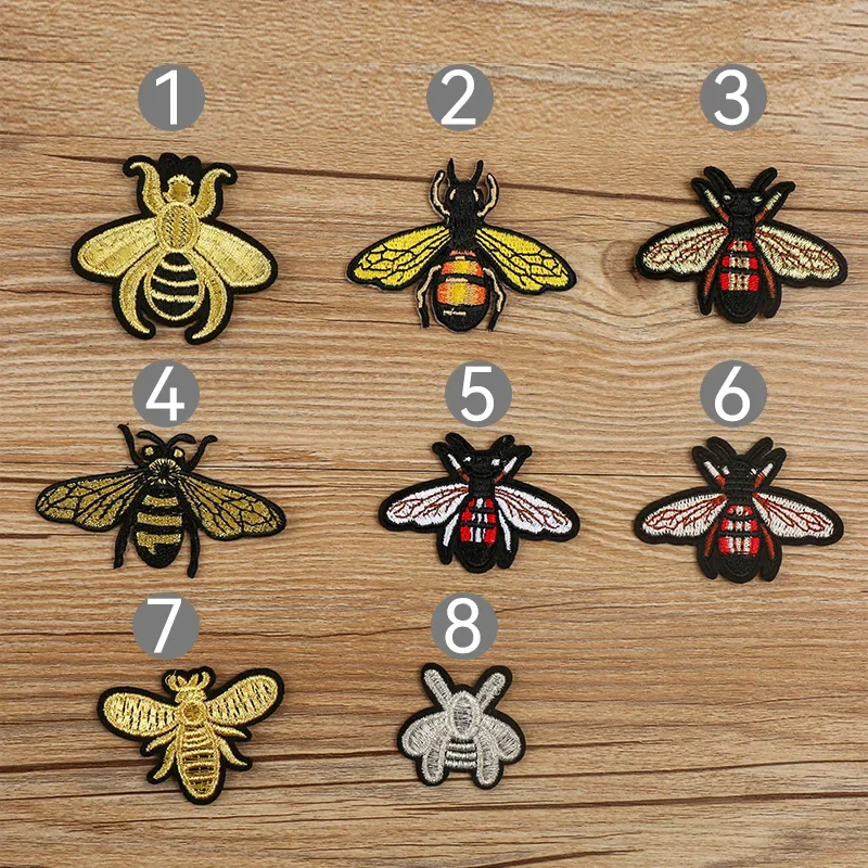 Metallic Gold Thread Embroidery Bee Patches Iron on Silver Wasp Cloth Appliques Small Fashion Thermo Adhesive Decals for Garment