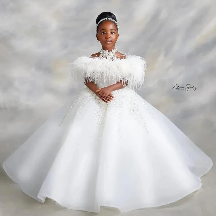 

White African Flower Girl Dresses Ball Gown Feather Appliques Baby Little Girl Peageant Dress Gowns