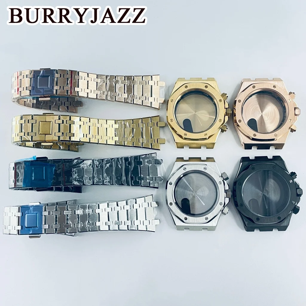 VK63 42mm Silver Black Watch Sapphire Glass Watch Case+Strap Solid Stainless Steel Bracelet Fit VK63 VK63A Case Modified AP Part