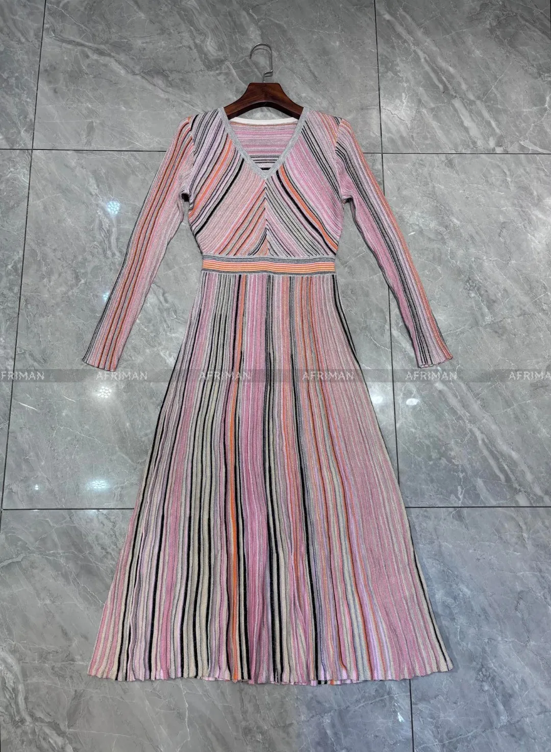 Women V Neck Long Sleeve Bright Silk Color Mosaic Stripe Waist Temperament Long Knitted Dress