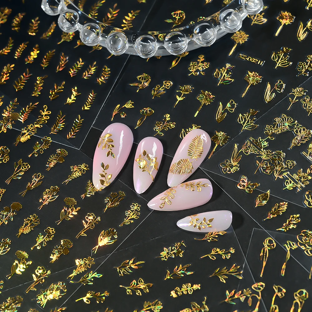 Autocollants pour ongles, feuilles métalliques dorées, fleurs, Design miroir holographique, décalcomanies papillons, curseur adhésif, décoration, 12 pièces