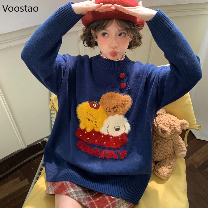 캐주얼 스위트 로리타 스타일 스웨터 가을 여성 카와이 만화 강아지 자수 니트 풀오버 여성 귀여운 루즈 니트웨어 탑