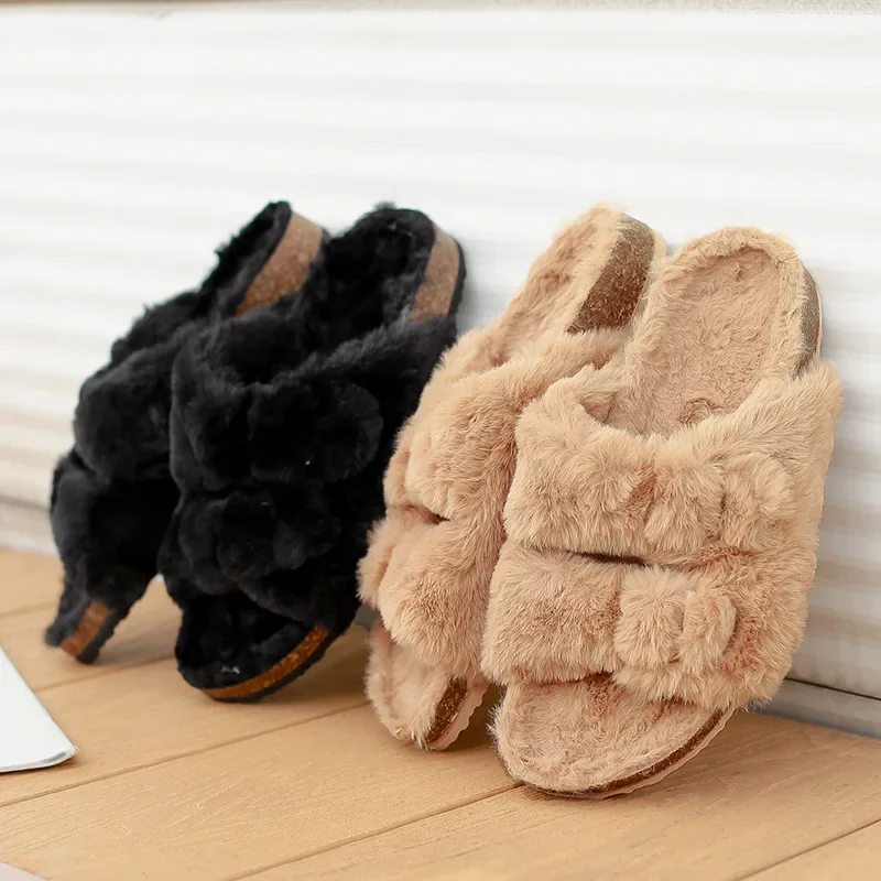 ผู้หญิง Fuzzy รองเท้าแตะ Cork Footbed Fluffy สไลด์รองเท้าแตะเปิดนิ้วเท้าบ้านในร่มรองเท้า Arch สนับสนุนรองเท้าแตะปรับได้