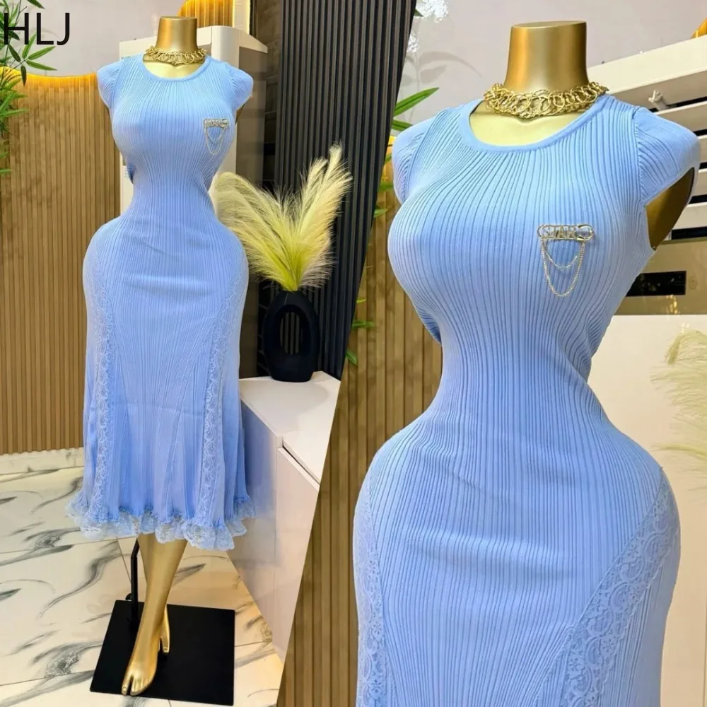 HLJ Elegant Ribbed Knit Bodycon Dress for Women Lace Patchwork Short Sleeve Round Neck Dresses Party Ladies Pencil Vestidos New