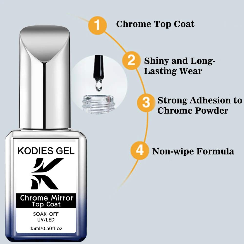 KODIES GEL Chrome Mirror Top Coat for Nail Powder Gel Polish Upgrade Bright Shine Gel Finish
