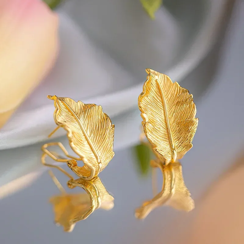 

9999 Real Gold 24K Gold Silver Needle French Niche Feather Stud Earrings, Premium Metal Leaf Stud Earrings