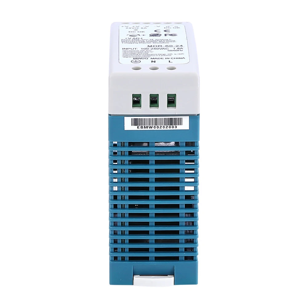 MDR6024 DIN Rail Power Supply 24V 60W with 100 240V AC Input and Triple Safety Features for Automation Systems