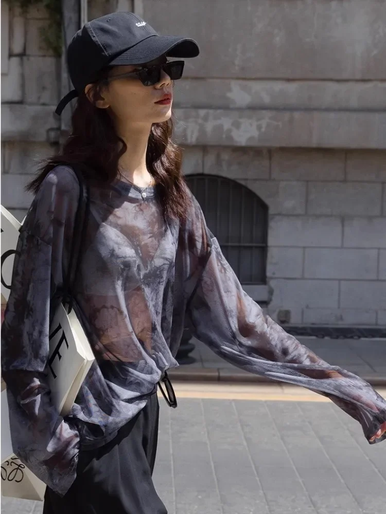 

Round Neck Tie Dye Printed Long Sleeved T-Shirt For Women In Spring And Autumn, Mesh With Drawstring On Both Sides, Slim Fit Top