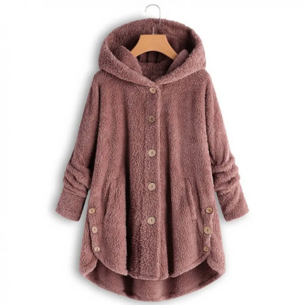 Giacca da donna asimmetrica in peluche di colore puro, dettaglio bottoni alla moda primaverile, top in stile europeo e americano
