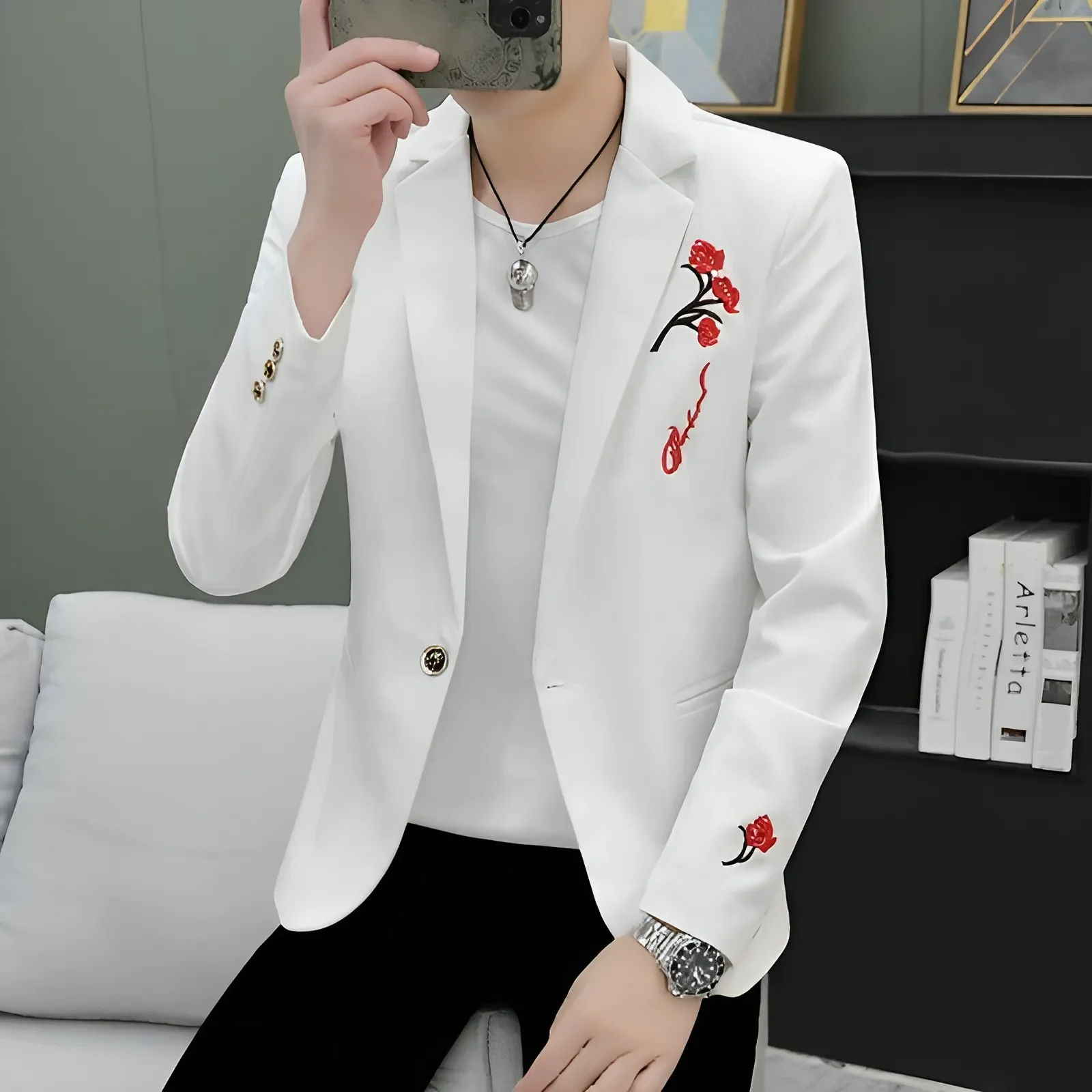 

Slim Fit Casual Men's Suit Jaet Spring Autumn Trendy Embroidered Top Youth Faionable Outerwear Stand Sle Long Sve