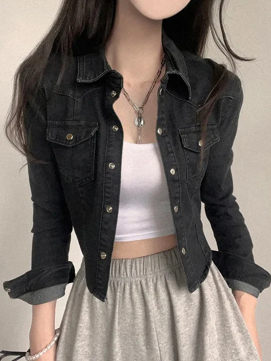 Chaqueta Corta de Mezclilla de Estilo Coreano Retro con un Solo Botón para Mujer, Moda Otoñal, Talla Pequeña, Juvenil, Manga ...
