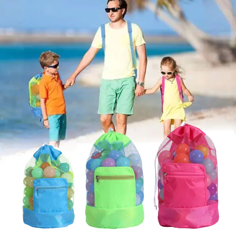 Foldable Beach Toy Bag Beach Storage Pouch Tote Mesh Bag Travel Toy Organizer Sundries Net Drawstring Storage Backpack