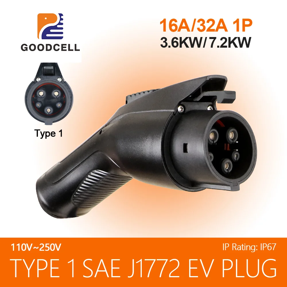 

Goodcell Portable EV Charger Type 1 SAE J1772 Female Plug 16/32A 3.6/7.2KW Charging Plug Electric Vehicle Hybrid Cars
