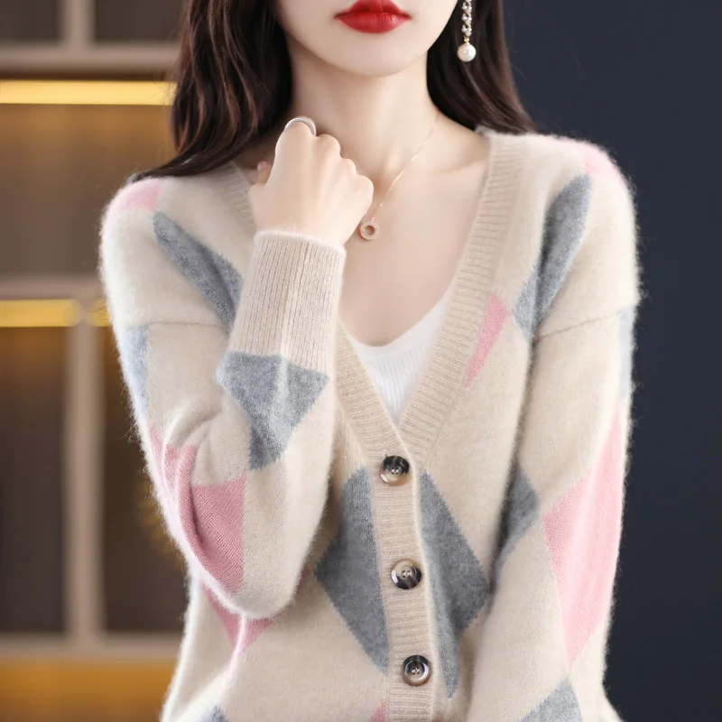 Heavy Industry Thickened Contrast Cashmere Sweater Women\'s V-Neck Knitting Cardigan 100% Merino Wool Top Fashion Korean Jacket