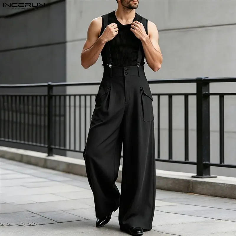 INCERUN Men's Jumpsuits Solid Color Sleeveless Straps Rompers For Man Streetwear Loose 2026 Fashion Casual Male Overalls S-5XL