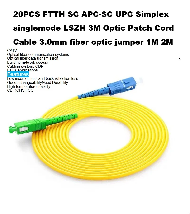 

20 шт. оптических патч-кордов FTTH SC APC-SC UPC Simplex, одномодовые, LSZH, 3 м, 3,0 мм, оптоволоконные джамперы 1 м, 2 м