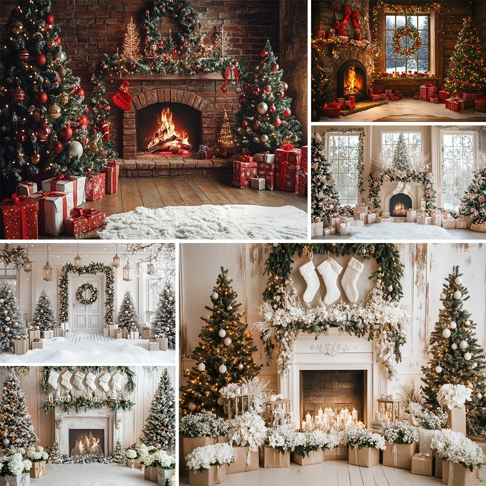 

White Christmas Room Background Photography Xmas Tree Garland Gifts Candles Vintage Backdrop Winter Family Kids Photo Studio