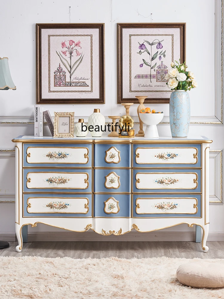 Hand Painted European Style TV Bench for Bedroom Tailstock Storage Cabinet French Entry Lux Painted Nine-Drawer Cabinet