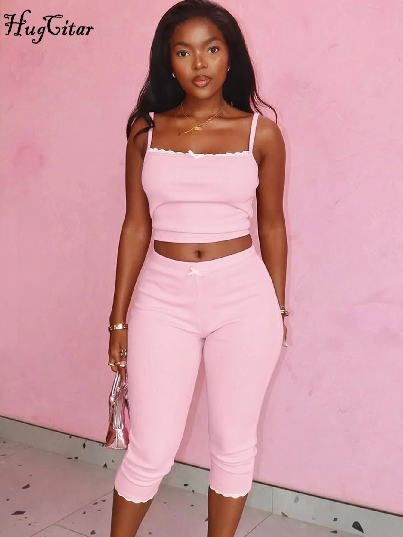 

Hugcitar повседневные комплекты из 2 предметов, однотонные лоскутные кружевные банты, сексуальные укороченные майки, топ до колена, брюки, летние женские наряды, уличная одежда, спортивная одежда