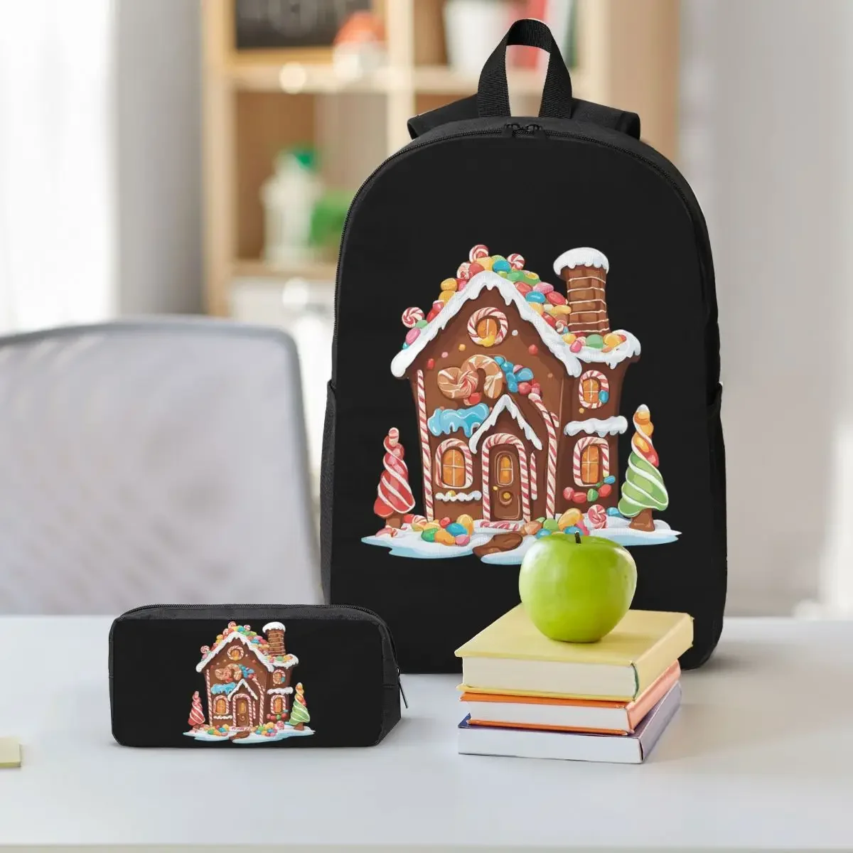 Whimsical Gingerbread House Full Of Joy Backpack Boys Girls BookBag School Bag Shoulder Bags 3ps Insulated Lunch Bag Pencil Case