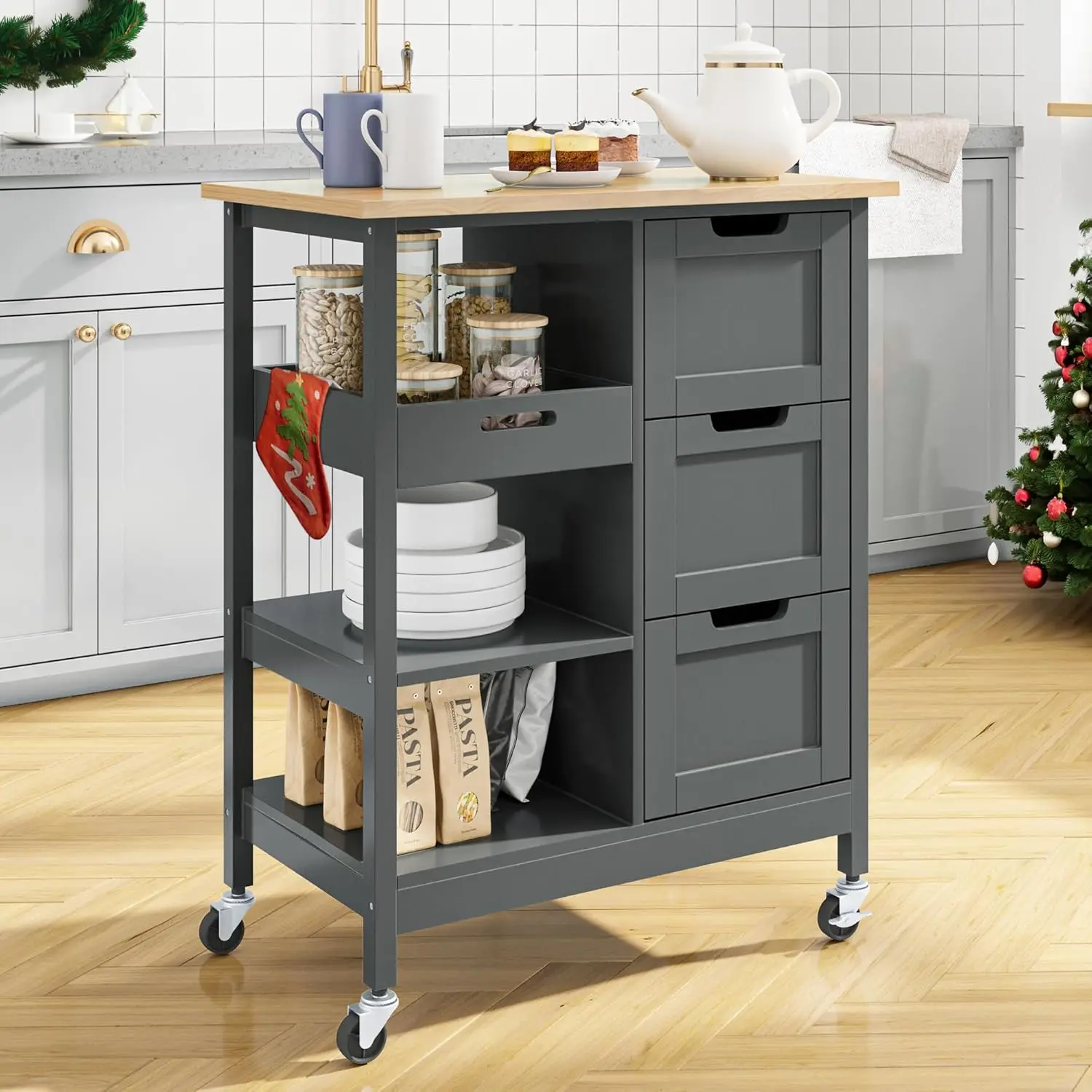 Small Solid Wood Top Kitchen Island Cart on Wheels with Storage,Serving Utility Carts Mobile Movable with 3 Drawers Cabinet