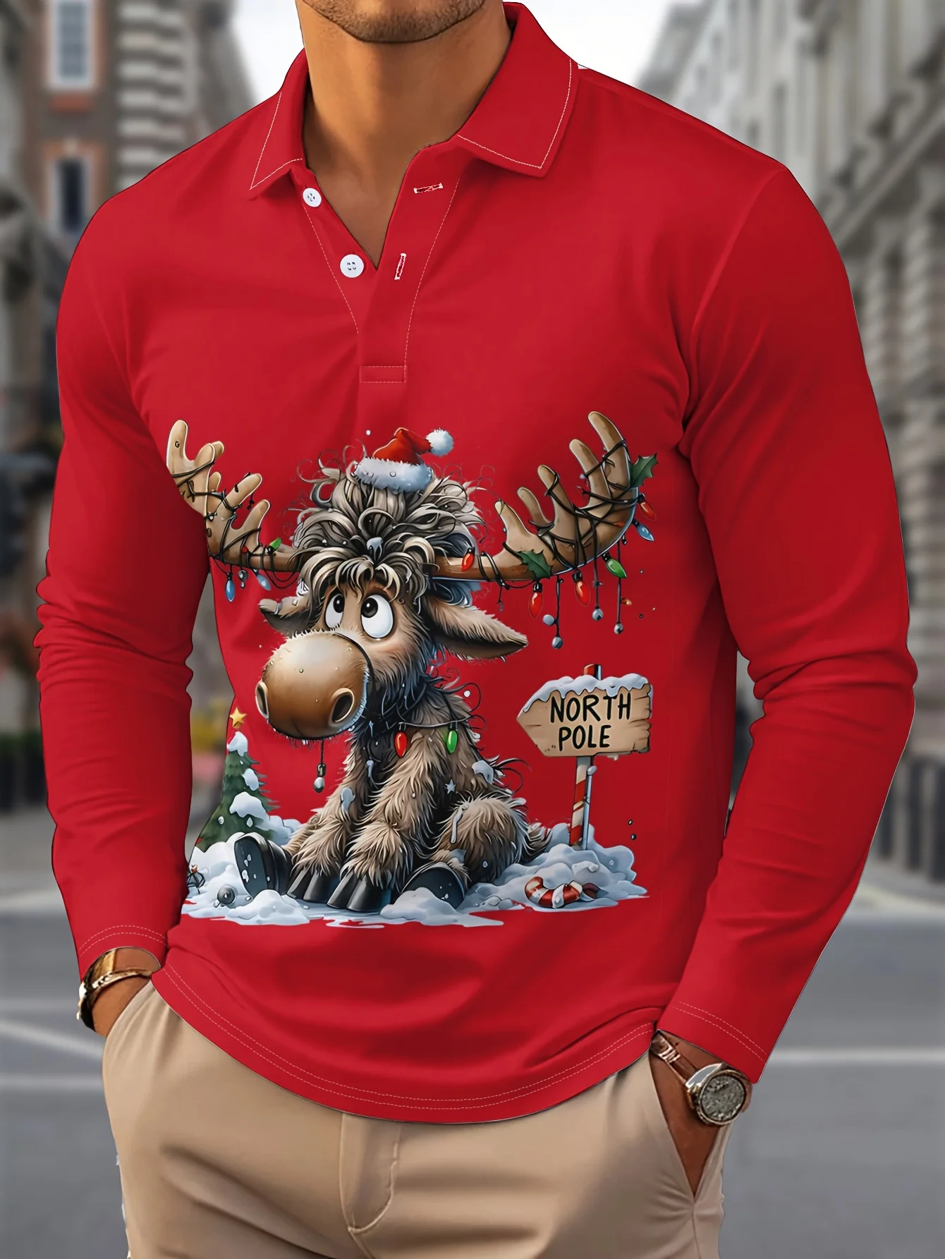 Merry Christmas Christmas reindeer Button-Down Men's Long Sleeve Polo Shirt Fashion Holiday Autumn Lapel 3D Printed Shirt Tops