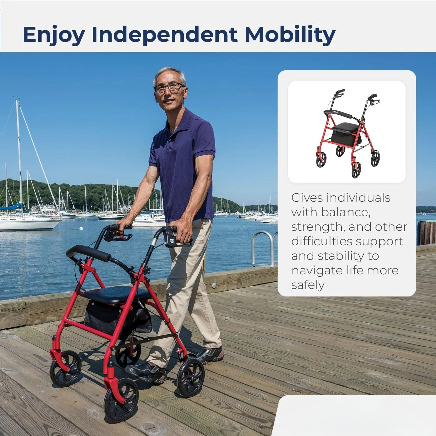 10257RD-1 4 Wheel Rollator Walker With Seat, Steel Rolling Walker, Height Adjustable, 7.5