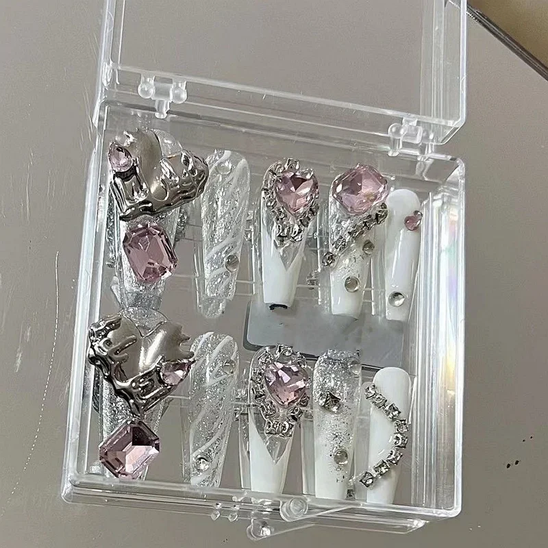 Handmade Y2K Long Coffin Press On Nails Pink Acrylic False Nails Tips Glitter Rhinestone Reusable Short Fake Nail With Glue Gift