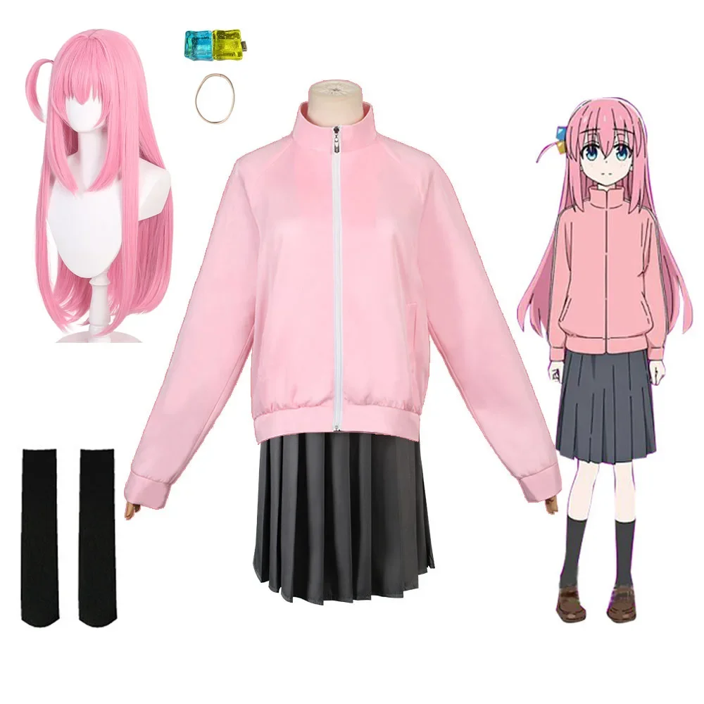 Gotou Hitori Cosplay Bocchi The Rock Anime Cosplay Costume JK Uniform Pink Jacket Skirt Socks Wig Suit Halloween Party For Women