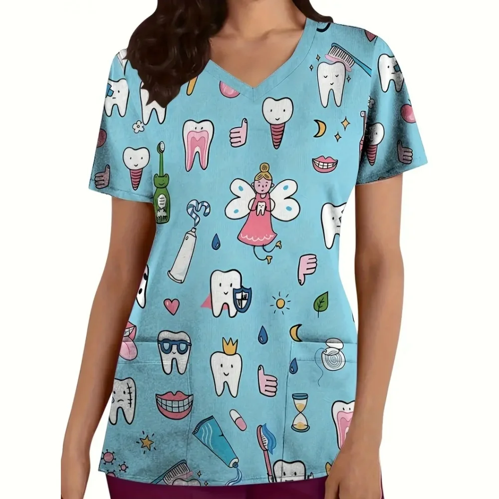 Clinical Uniform Woman Tooth Cartoon Print Microelastic V-Neck Dental Women's Scrub Fashion Short Sleeve Tops Surgical Uniforms