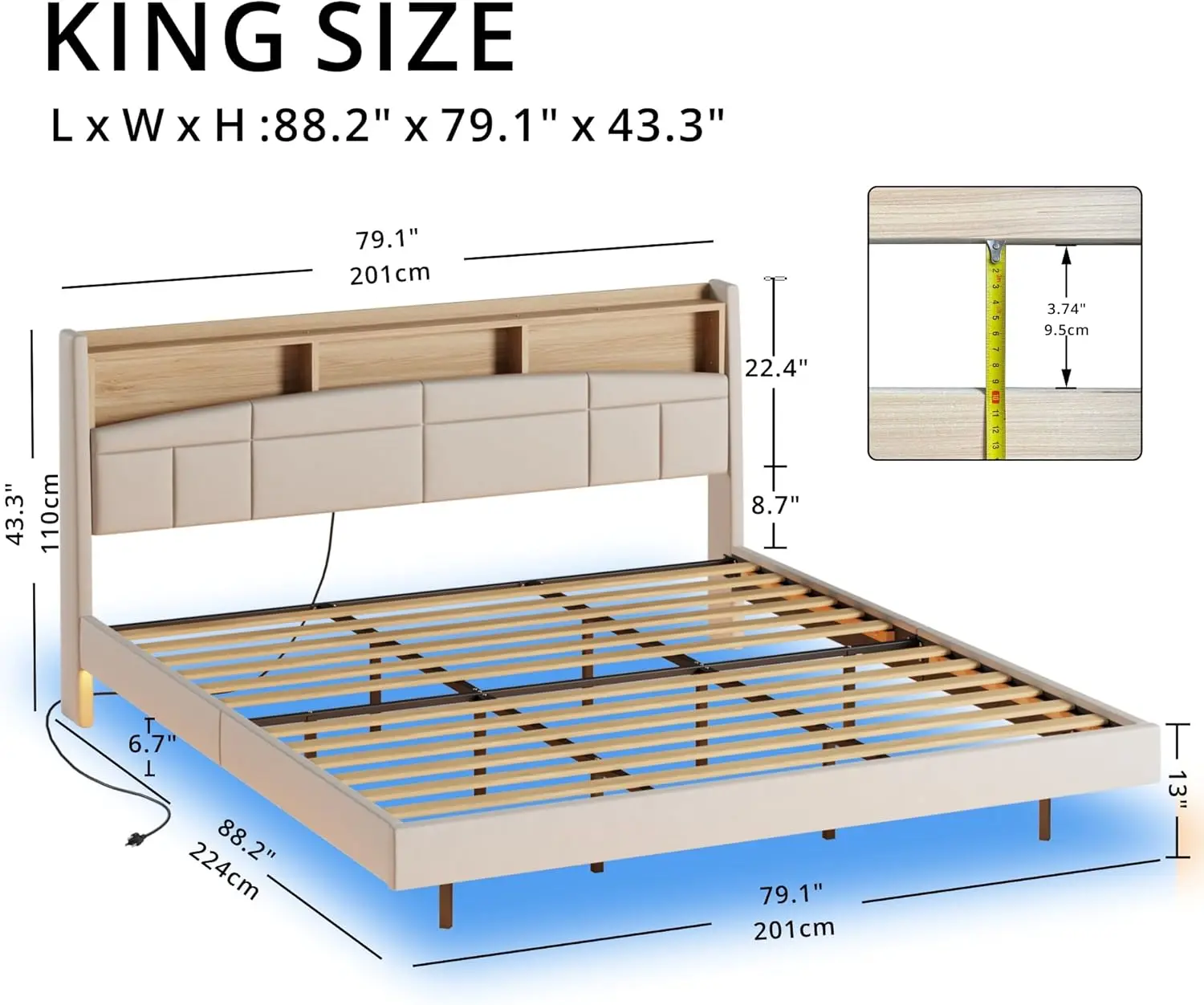 Anctor flutuante cama King Frame com estação de carregamento, Estante alta cabeceira, suporte de madeira maciça Slats, sem Box Spring necessário