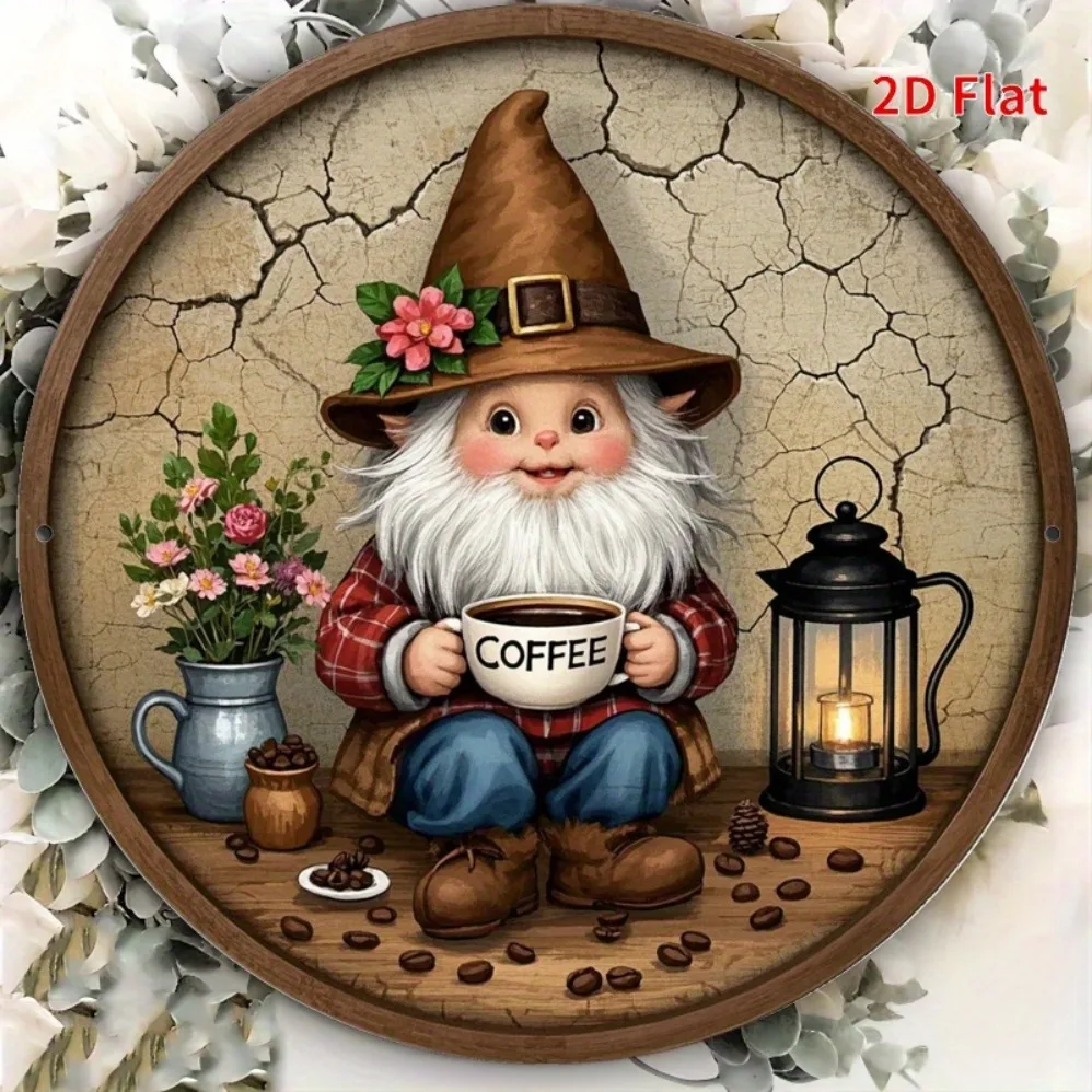 

2D Flat, Gnome Cafe Metal Wall Decor - Rustic Farmhouse Decoration Plaque for Home, Coffee Shop Home Decorators, 2D Flat
