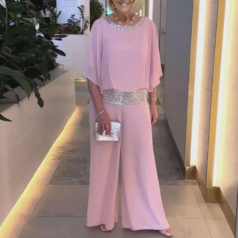 Pink Sequin Spinning Tunic Suit Women Spring O Neck Top Pullover & Wide Leg Pants Outfit Summer Batwing Sleeve Loose Chiffon Set