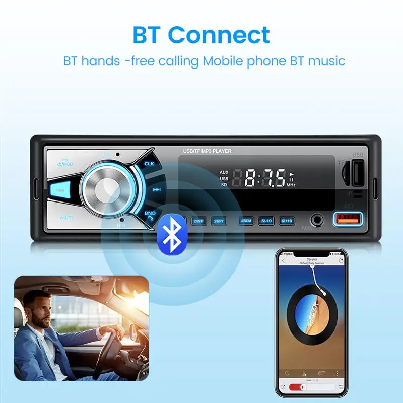 Audio Systems Multimedia Car Stereo Single Din Player MP3 USB Port AUX Input AM/FM Radio Receiver Bluetooth Car Radio IR Remote