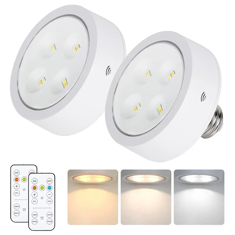 F-T電池式電球、ランプ用、ネジ式LEDパックライト（リモコン付き）、壁取り付け用E26ソケット付き、2個パック