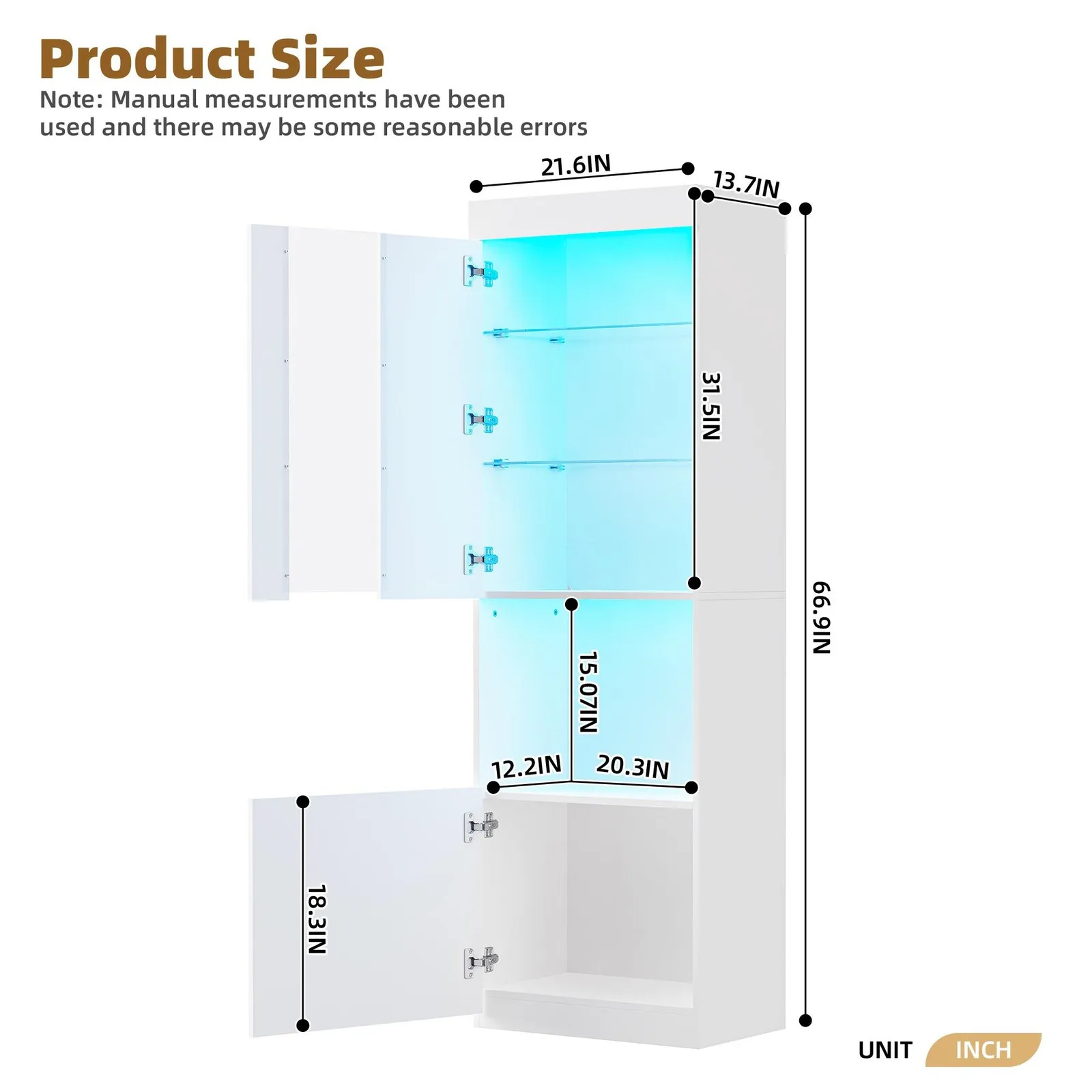 Armário de armazenamento de cozinha de alto brilho com luzes LED, branco