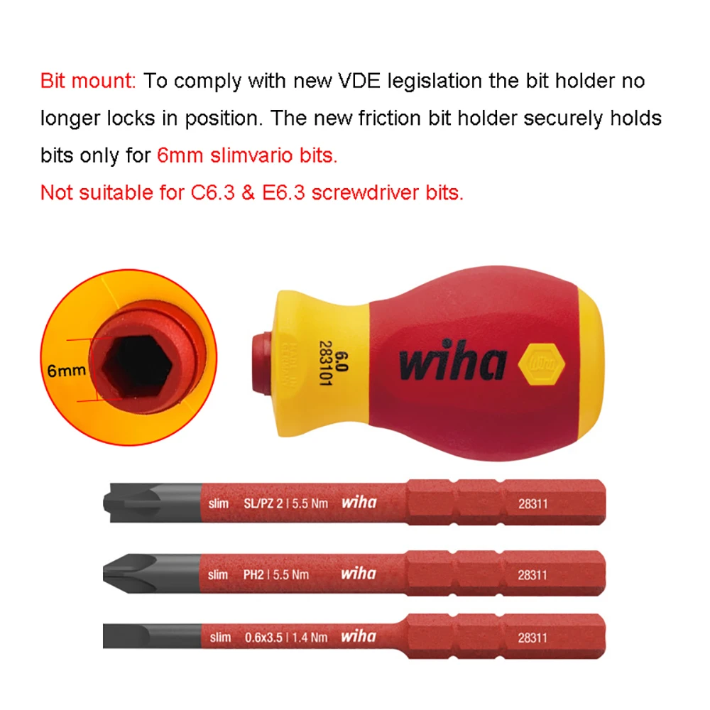 Wiha 41230 Stubby Screwdriver Set 1000v VDE Holder with 3 SlimVario Bits SL/PZ2, Slot 3.5mm, PH2