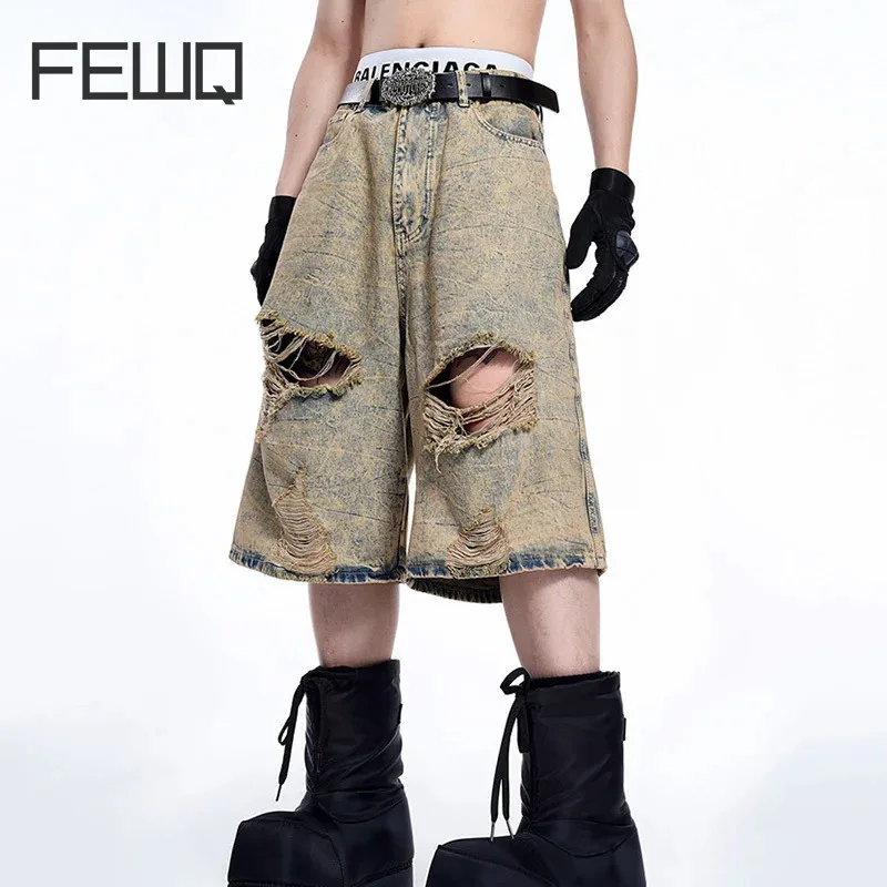 

FEWQ Distressed Cropped Men's Jeans Summer American Distressed Design 2024 Vintage Broken Hole Design Male Trousers 24E1519