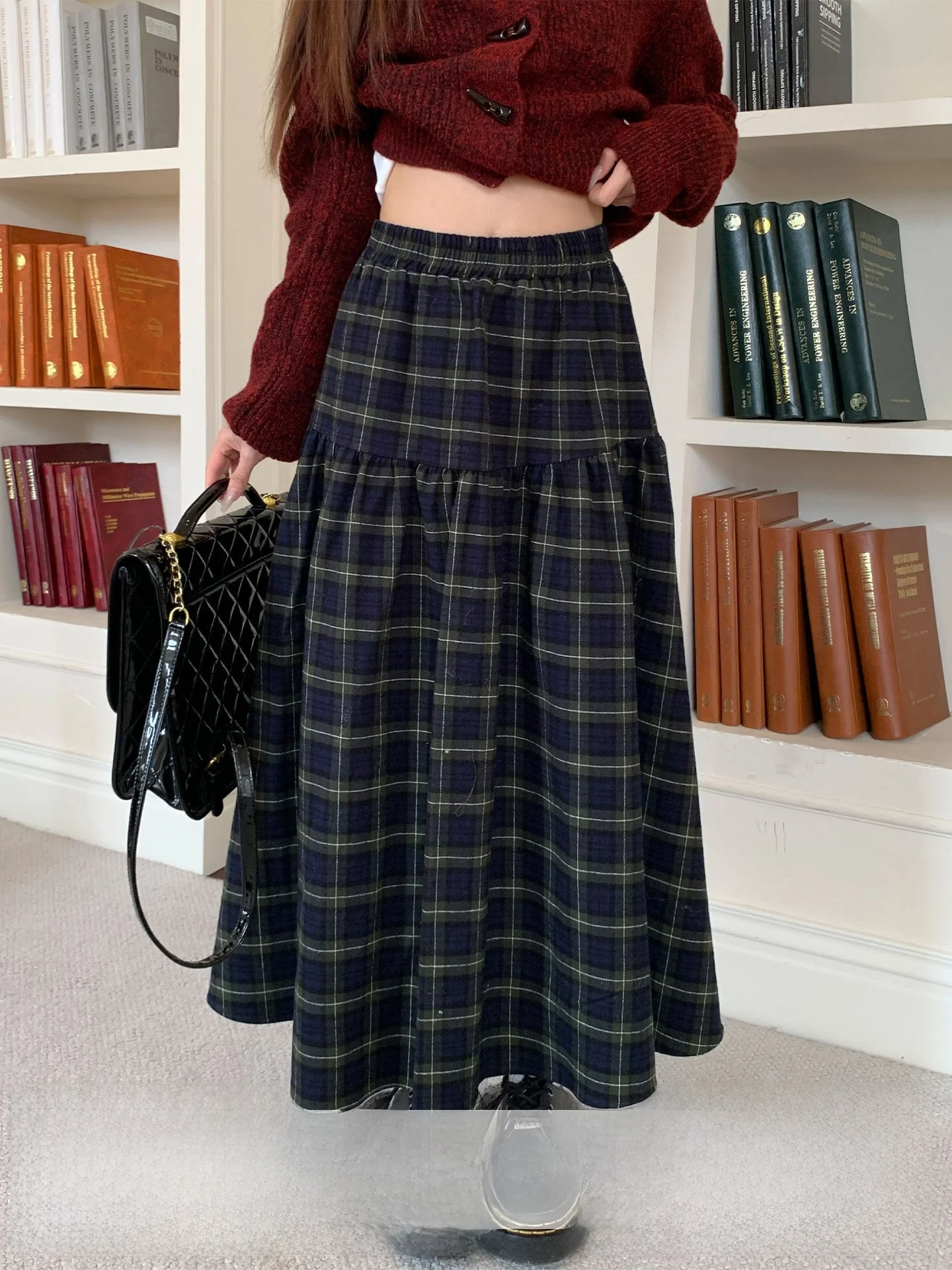 

Женская юбка миди с высокой талией в клетку, в стиле колледж, зимняя, модная, стройнящая, универсальная, в стиле ретро, с принтом апельсинового дерева, для женщин