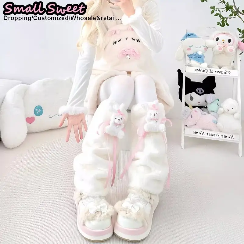 

Японские женщины в стиле панк Y2k для девочек, милое кольцо на ногу медведя, украшение, сохраняющие тепло, гетры, пушистые носки до икры, пушистые гетры