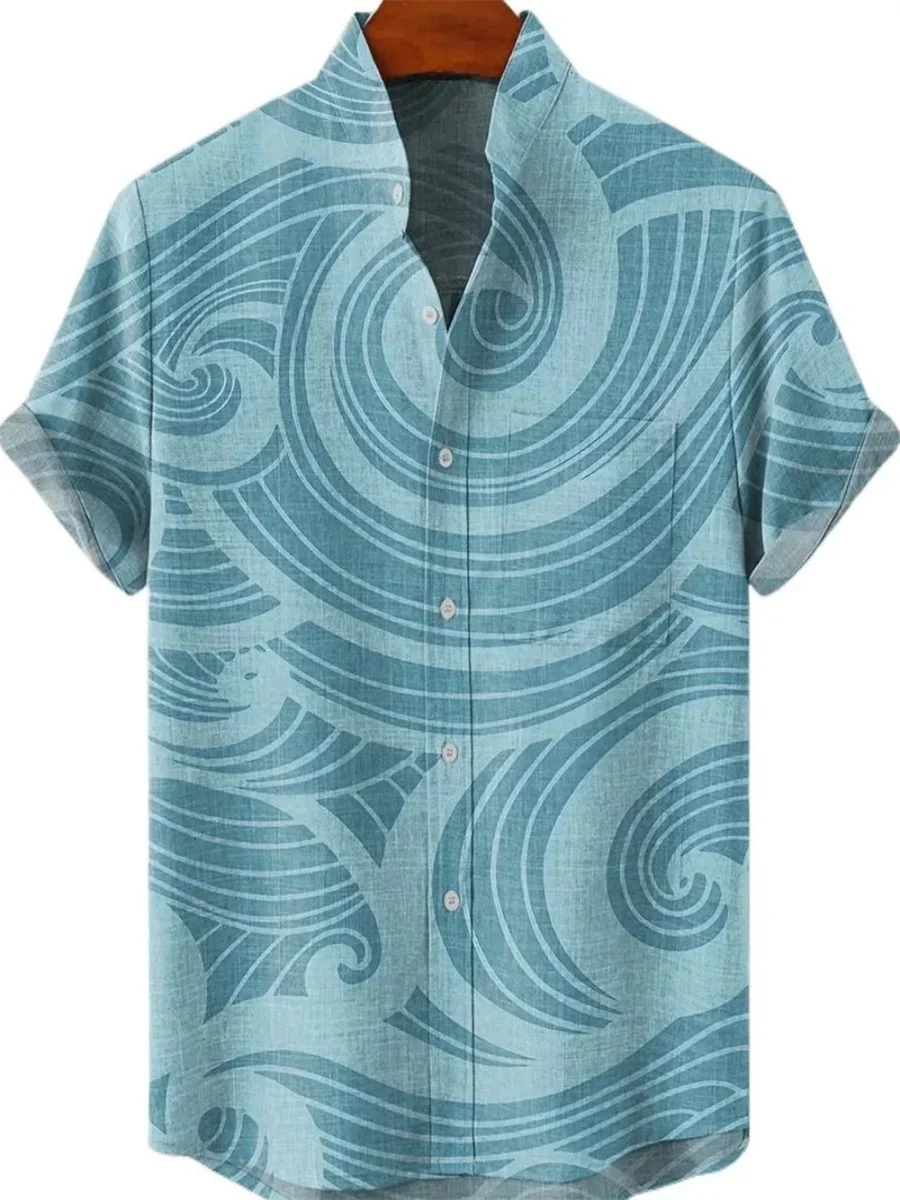 

New Hawaiian shirt men's art print simple pattern high quality men's casual linen short sleeve stand collar shirt