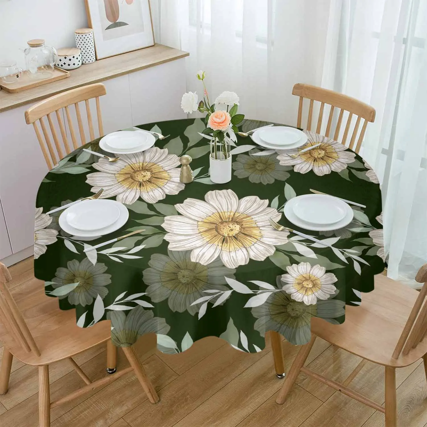 Plant Daisy Leaves Green Rural Countryside Waterproof Tablecloth Tea Table Decoration Round Table Cover For Kitchen Wedding Home