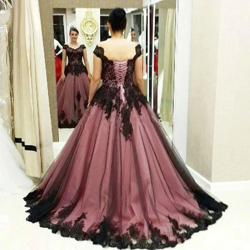 Dusty Pink And Black Gothic Wedding Dress Lace Details A Line Long Bridal Gowns Customized